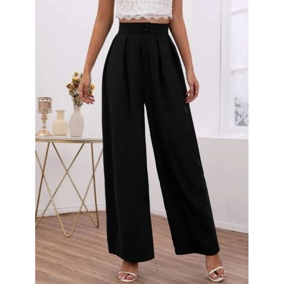 NEW SHEIN Frenchy High Waist Fold Pleated Wide Leg Pants Color Black Size L - Picture 1 of 5